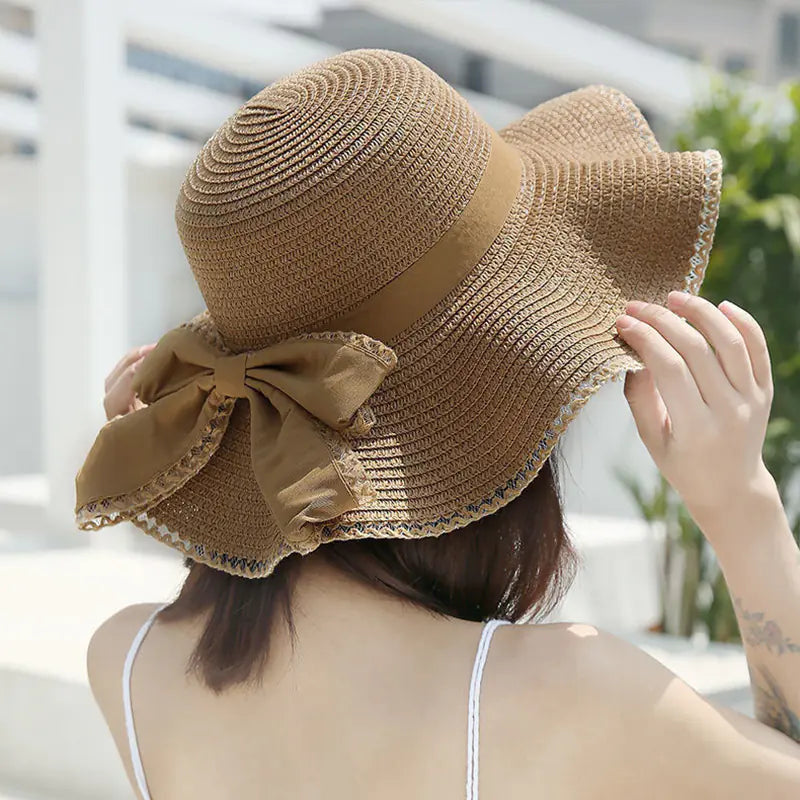 Bow Ruffles Wide Brim Straw Hat